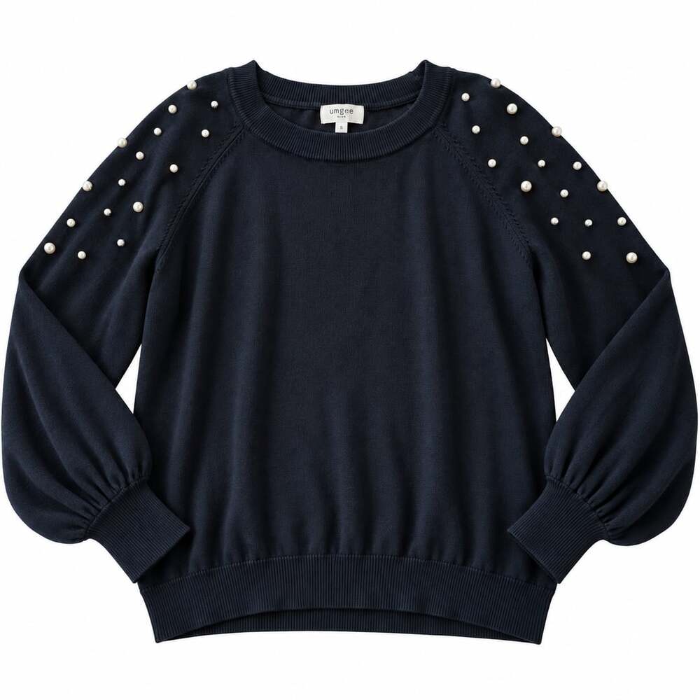 Umgee Pearl Beaded Sleeve Crew Neck Black Sweater S (w)